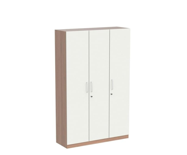 Three Door Wardrobe Frosty White high Glossy and Walnut Finish with Drawer and Locker | Mirror