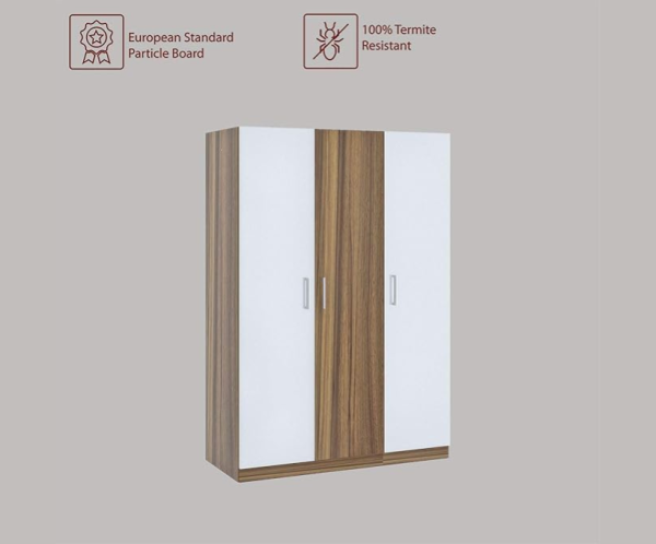 Engineered Wood Three Door Wardrobe | Asian Walnut & White