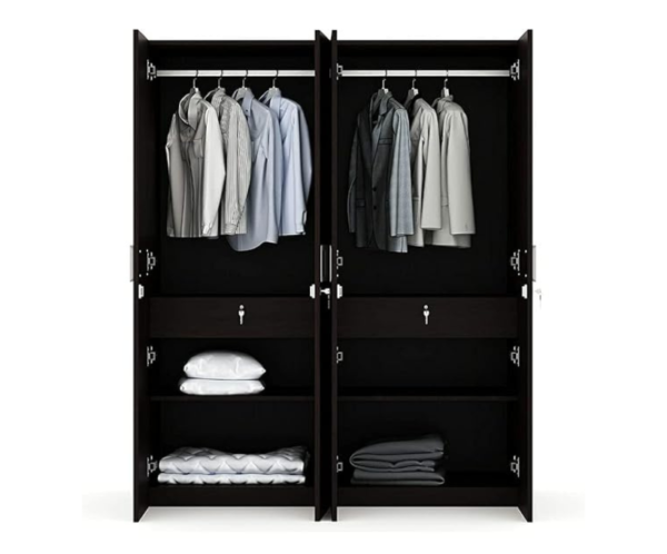 Engineered Wood Four Door Wardrobe | Dark Brown with Drawer