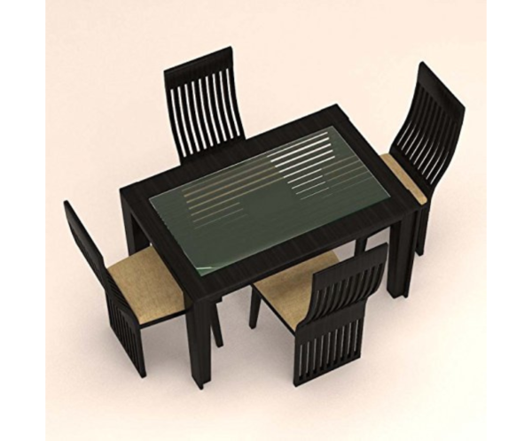 Stripe Styled Four Seater Dinning Set With Glass Table Top | Teak Wood