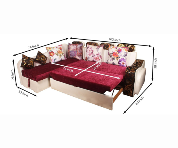 Modern Floral Print L-Shape Wooden Sofa Cum Bed | Standard Size | Multicolour