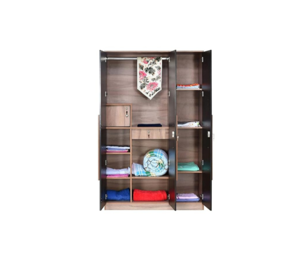 Three Door Wardrobe with Drawer and Shelves | Hanging Space | Engineered Wood | Brown