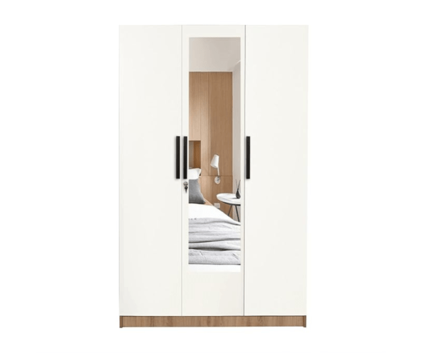 Engineered Wood Three Door Wardrobe | Finish Color - Milky Oak | Mirror Included
