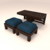 Center Table with 2 Stools and Blue Cushions