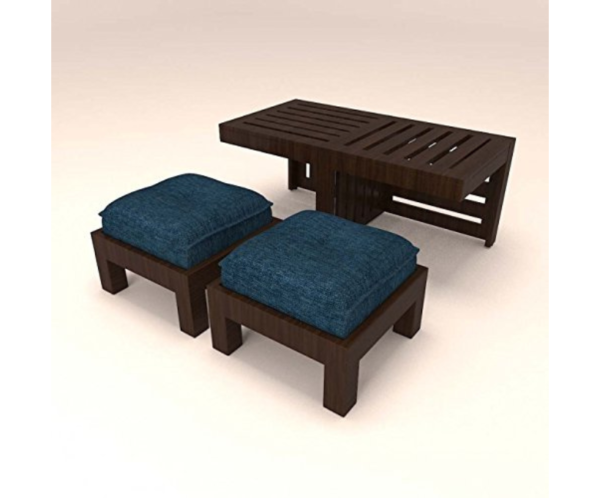 Center Table with 2 Stools and Blue Cushions