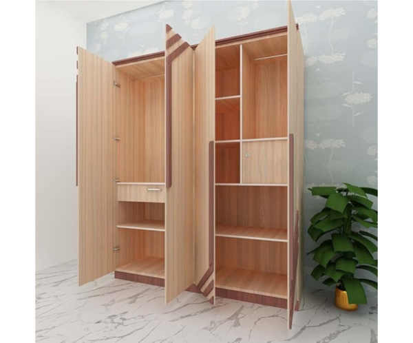 Premium Four Door Wardrobe Light Brown Particle Board Machine Finished