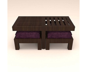 Center Coffee Table with 2 Stools and Magenta Cushions
