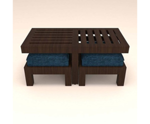 Center Table with 2 Stools and Blue Cushions