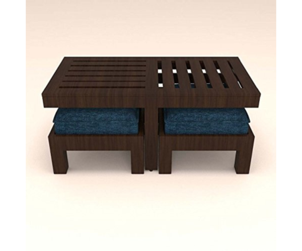 Center Table with 2 Stools and Blue Cushions