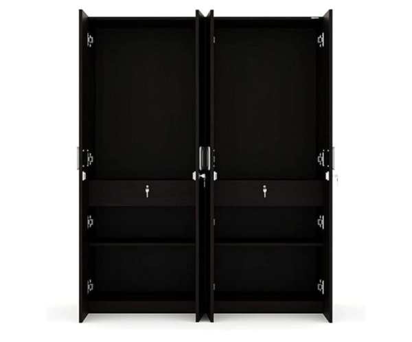 Engineered Wood Four Door Wardrobe | Dark Brown with Drawer