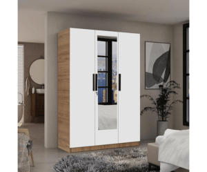 Engineered Wood Three Door Wardrobe | Finish Color - Milky Oak | Mirror Included