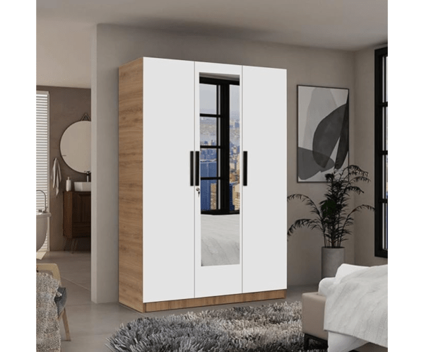 Engineered Wood Three Door Wardrobe | Finish Color - Milky Oak | Mirror Included