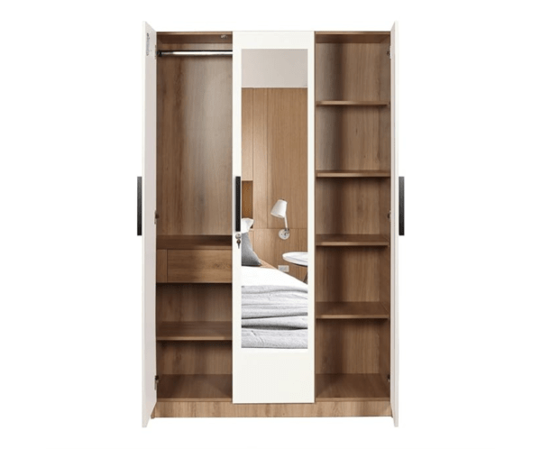 Engineered Wood Three Door Wardrobe | Finish Color - Milky Oak | Mirror Included