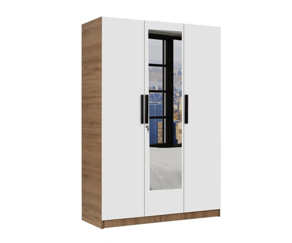 Engineered Wood Three Door Wardrobe | Finish Color - Milky Oak | Mirror Included