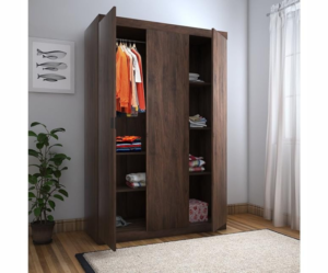 Three Door Engineered Wood Wardrobe with 1 Hanging Space Drawers & Shelves | Walnut