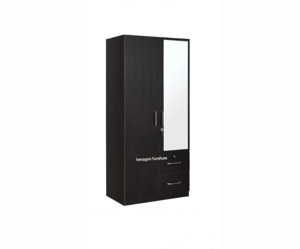Engineered Wood Double Door Wardrobe with 2 Drawer and 6 Shelves and Mirror | Dark Brown