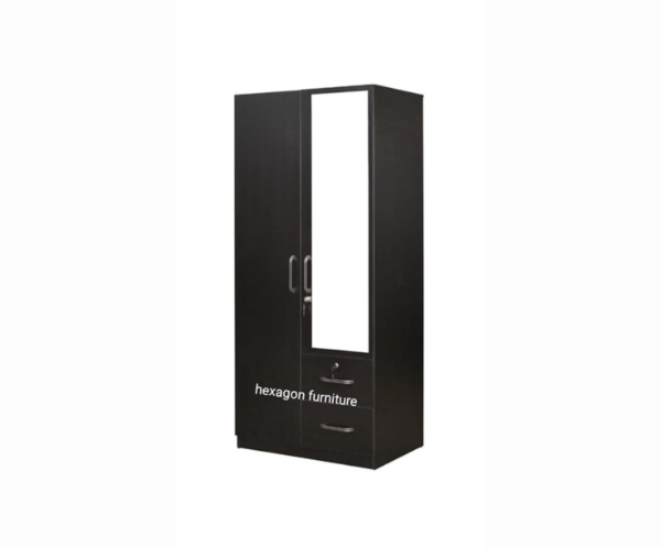 Engineered Wood Double Door Wardrobe with 2 Drawer and 6 Shelves and Mirror | Dark Brown