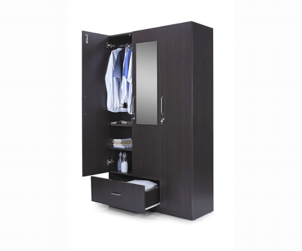 Three Door Wardrobe with Mirror and Drawer | Suede Matte Finish | Flower Wenge