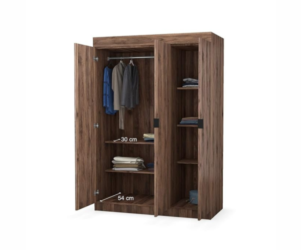 Three Door Engineered Wood Wardrobe with 1 Hanging Space Drawers & Shelves | Walnut