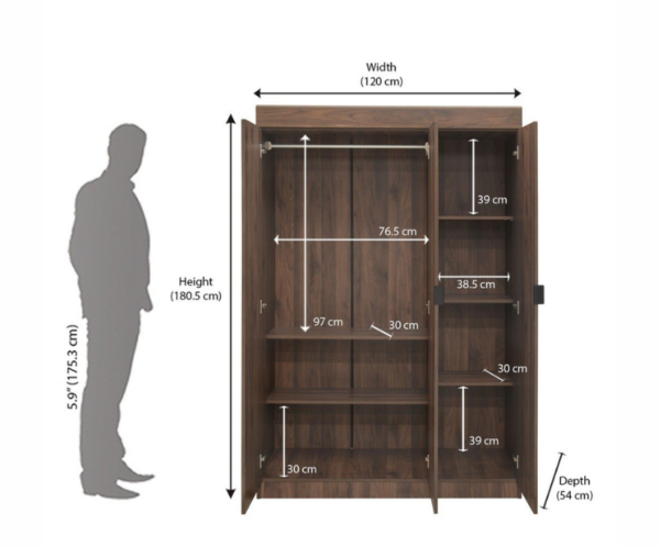 Three Door Engineered Wood Wardrobe with 1 Hanging Space Drawers & Shelves | Walnut