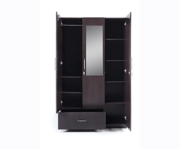 Three Door Wardrobe with Mirror and Drawer | Suede Matte Finish | Flower Wenge